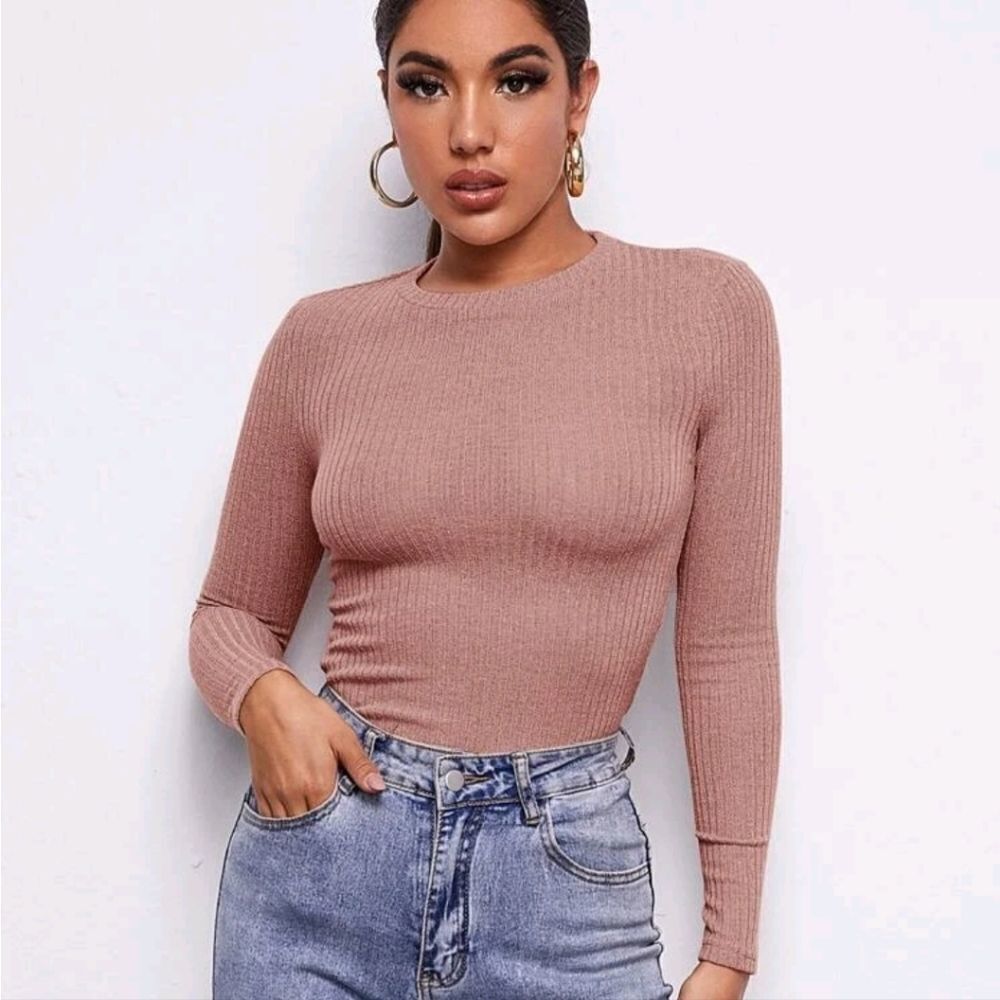 Shein Pink Rib Knit Long Sleeve